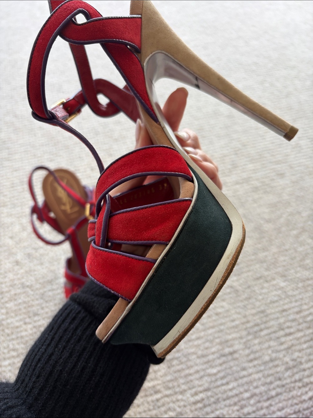 YSL Saint Laurent Tribute Red Suede Knotted T-Strap Platform Sandals- deal! Bag - Picture 4 of 13